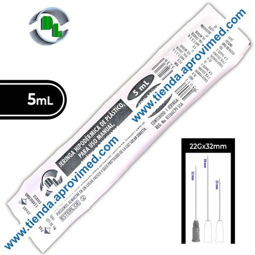 Jeringa hipodérmica desechable 5 ml con aguja 22G