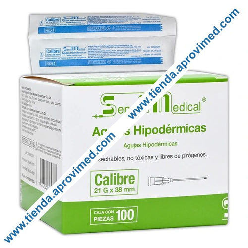 Aguja hipodérmica desechable de 21G x 38 mm — Caja 100 pzas