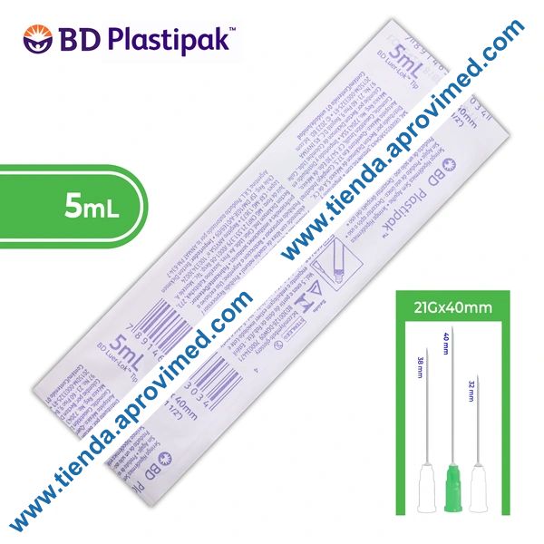 Jeringa hipodérmica desechable de 5 ml con aguja 21G — 1 pza