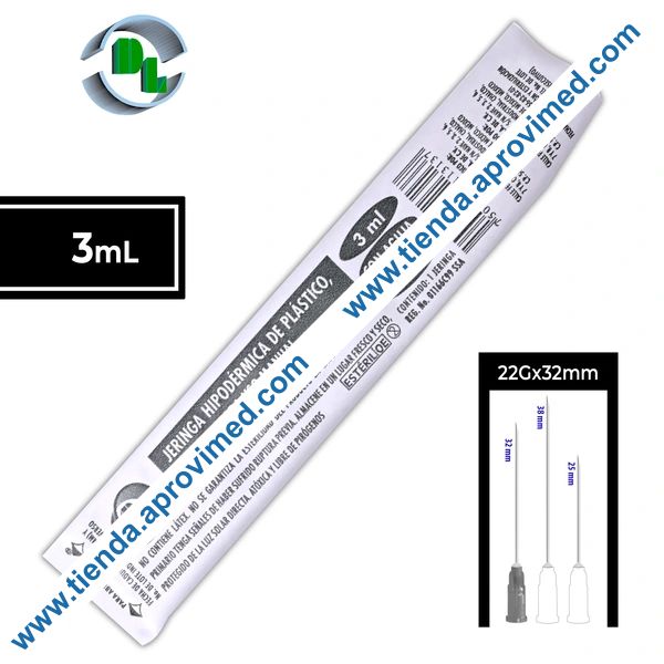 Jeringa hipodérmica desechable de 3 ml con aguja 22G — 1 pza