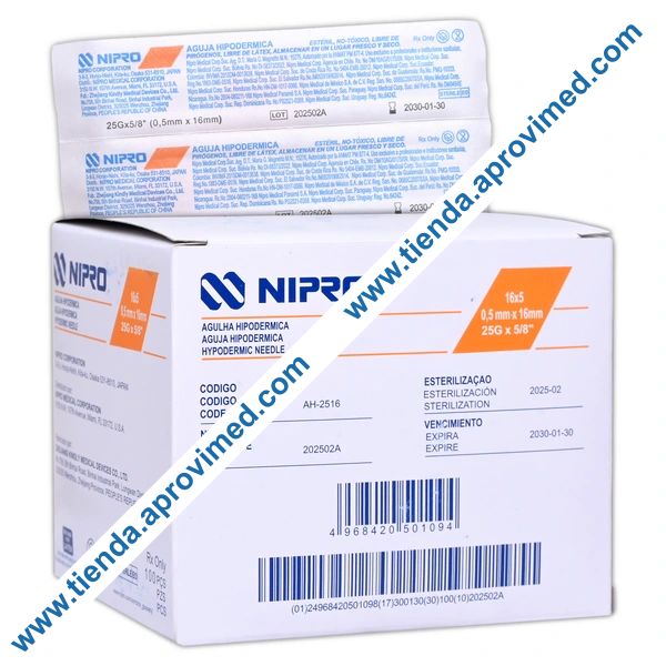 Agujas hipodérmicas ultra cortas Nipro 25G x 5/8" — Caja 100 pzas