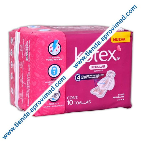 Toallas femeninas con alas Kotex para flujo abundante — Paquete 10 pzas