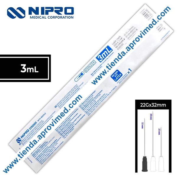 Jeringa hipodérmica de 3 ml con aguja 22G — 1 pieza