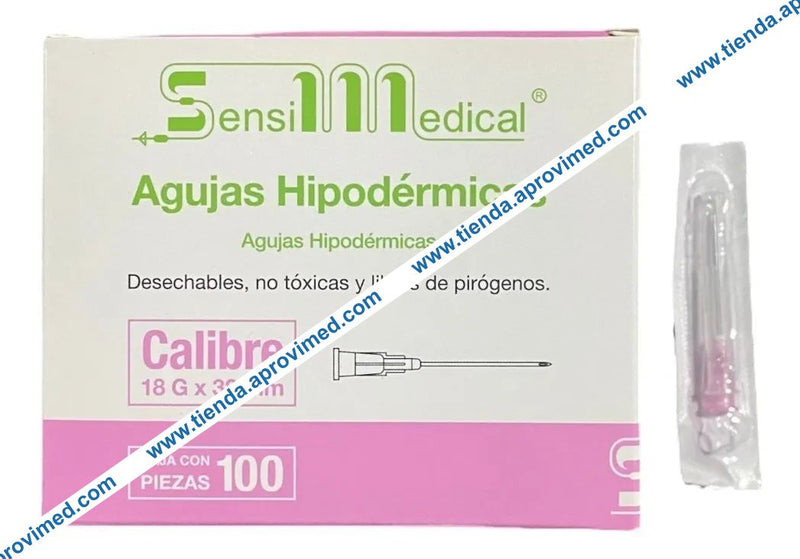 Aguja hipodérmica desechable 18G x 32 mm color rosa caja con 100 piezas