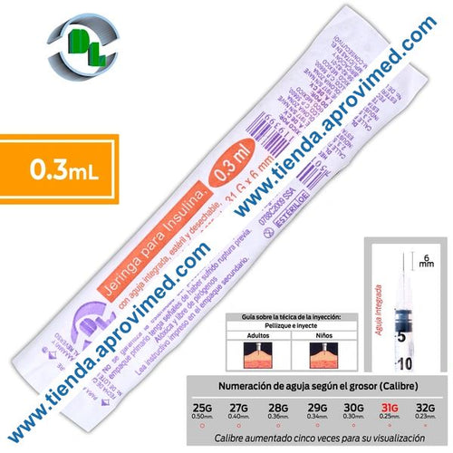 Jeringa de insulina 0.3 ml con aguja integrada 31G — 1 pieza