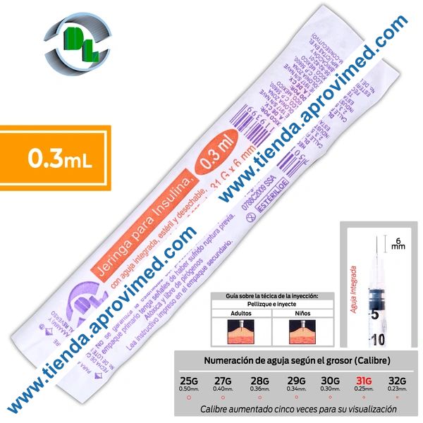 Jeringa de insulina 0.3 ml con aguja integrada 31G — 1 pieza