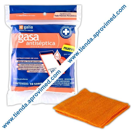 Gasa compuesta antiséptica estéril con yodo 10x10 cm — Paquete 10 pzas