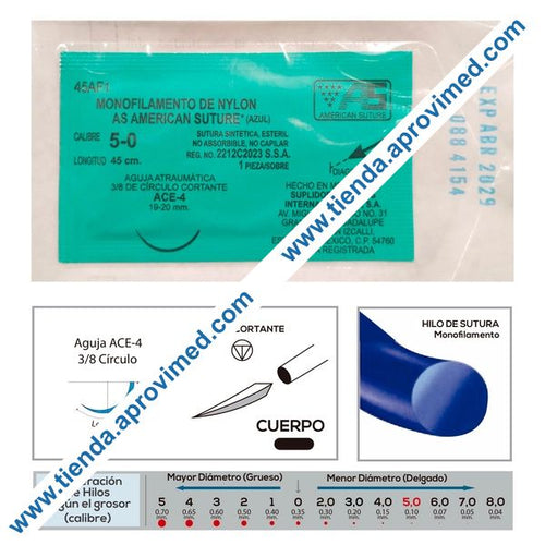 Sutura monofilamento de nylon azul 5-0 — Caja 1 pza