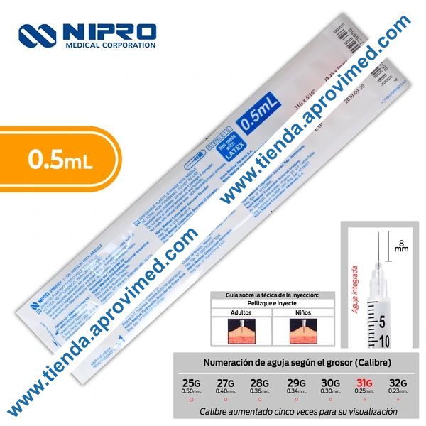 Jeringa de insulina 0.5 ml con aguja integrada 31G — 1 pza