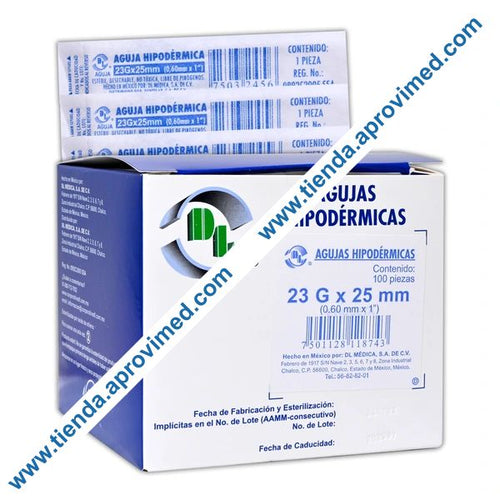 Aguja hipodérmica azul 23G x 25 mm — Caja 100 pzas