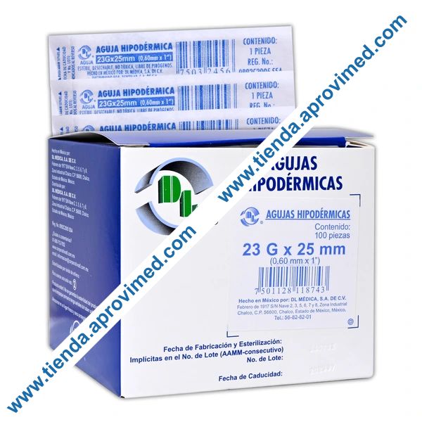 Aguja hipodérmica azul 23G x 25 mm — Caja 100 pzas