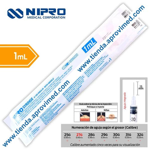 Jeringa de insulina de 1 ml con aguja integrada 27G — 1 pieza