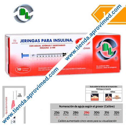 Jeringa de insulina 1 ml con aguja desmontable — Paquete 10 pzs