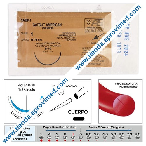 Sutura absorbible crómica para cirugía — Calibre 1 con aguja B-10