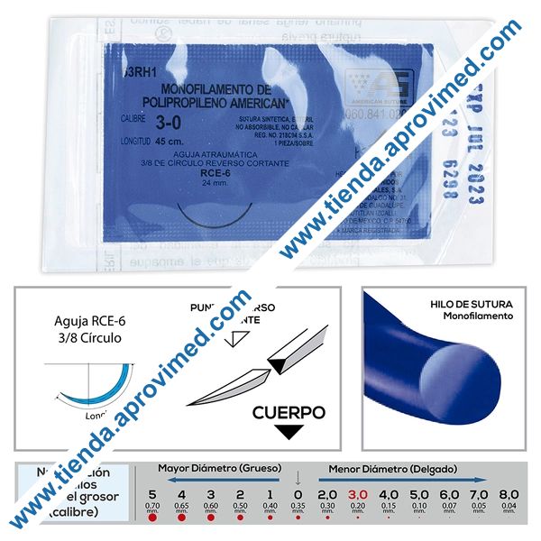 Sutura de polipropileno 3-0 — 45 cm con aguja RCE-6