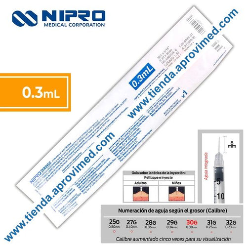 Jeringa de insulina 0.3 ml con aguja integrada de 30G x 8 mm