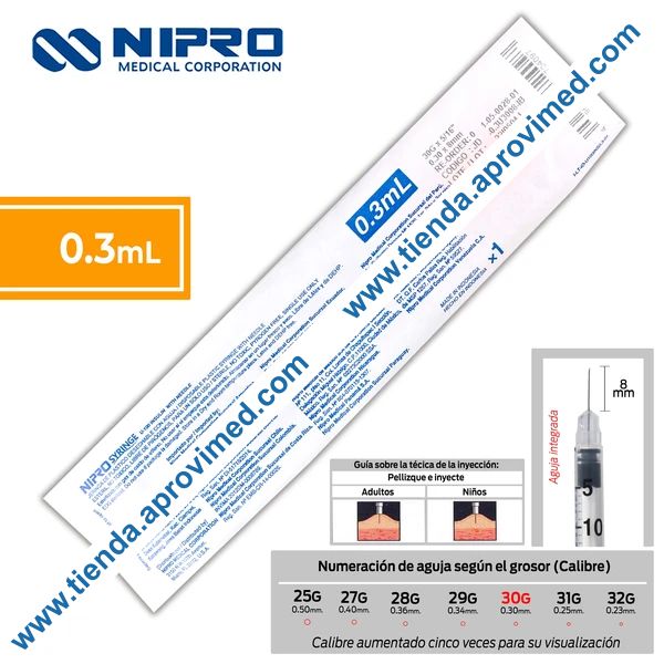 Jeringa de insulina 0.3 ml con aguja integrada de 30G x 8 mm