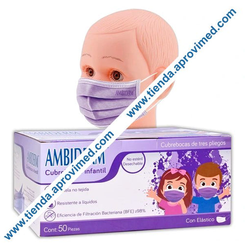 Cubrebocas quirúrgico infantil Ambiderm color violeta - Caja 50 pzs