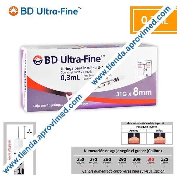Jeringas de insulina desechables con aguja integrada 0.3 ml