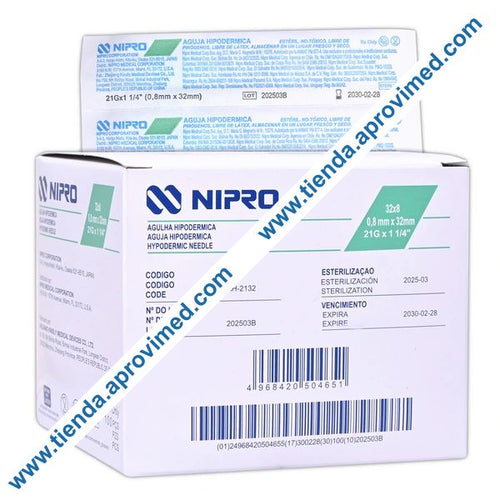 Agujas hipodérmicas desechables 21G — Caja con 100 piezas