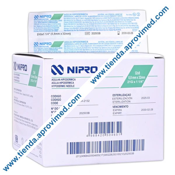 Agujas hipodérmicas desechables 21G — Caja con 100 piezas