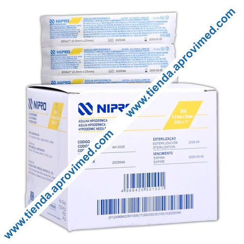 Aguja hipodérmica desechable 20G para inyecciones — Caja 100 pzas