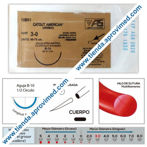 Sutura absorbible catgut crómico para cirugía — Calibre 3-0