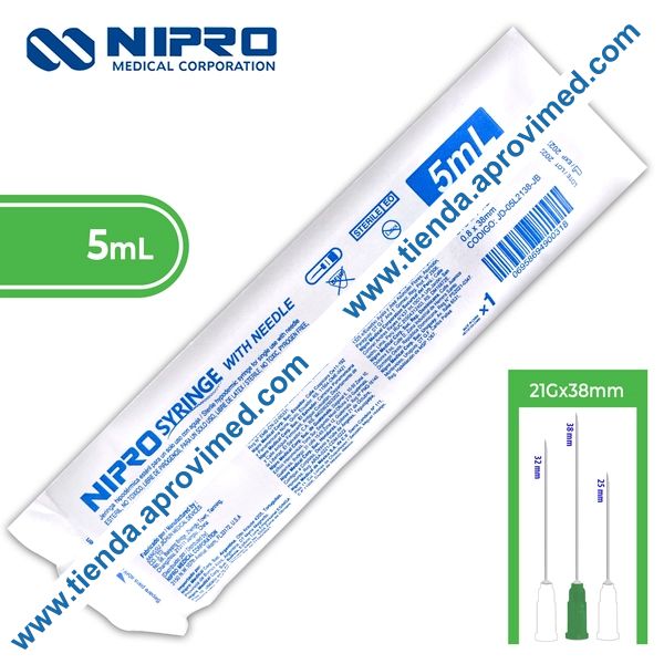 Jeringa hipodérmica desechable de 5 ml con aguja verde de 21G