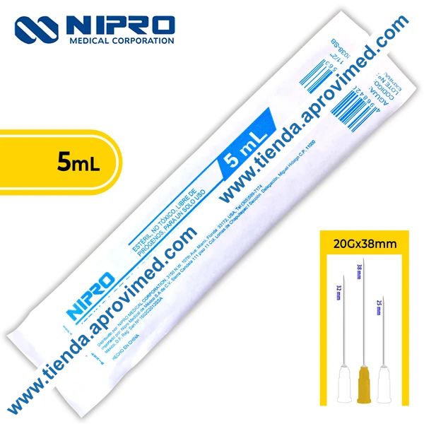 Jeringa hipodérmica desechable de 5 ml con aguja de 20G — 1 pza