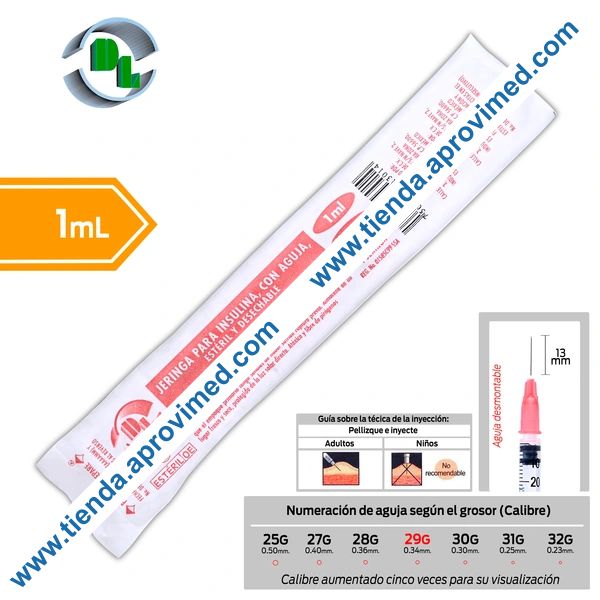 Jeringa de insulina desechable con aguja desmontable — 1 ml