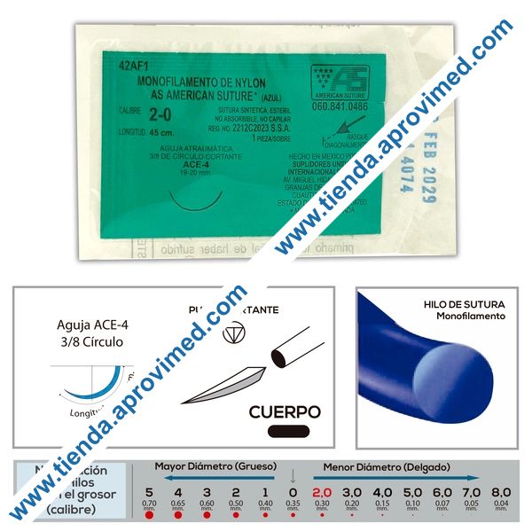 Sutura monofilamento de nylon azul 2-0 — 45 cm con aguja