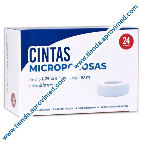 Cinta adhesiva microporosa de papel 1.25 cm x 10 m — Caja 24 pzas