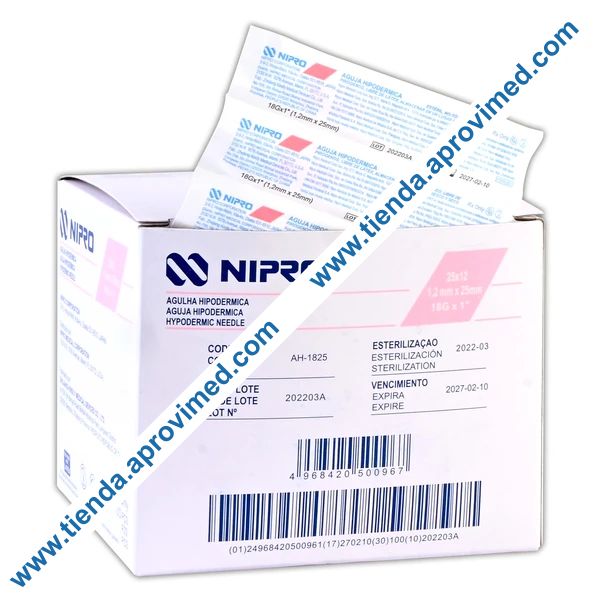 Aguja hipodérmica desechable de 18G — Caja con 100 piezas