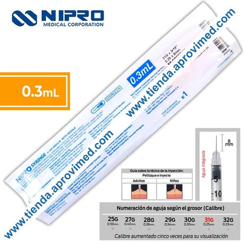 Jeringa de insulina 0.3 ml con aguja integrada 31G — 1 pza