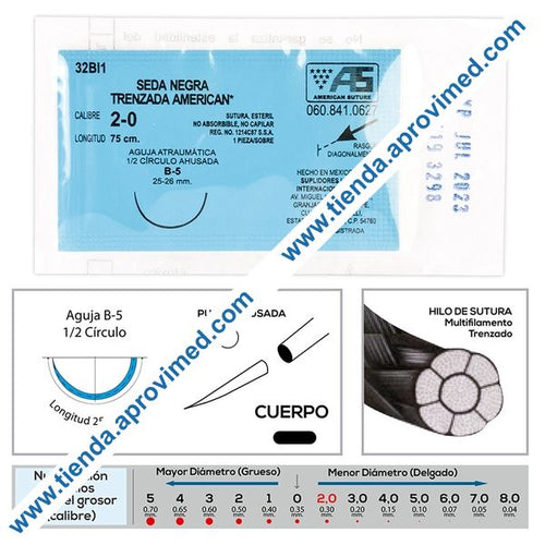 Sutura de seda negra trenzada 2-0 con aguja B-5 — 75 cm