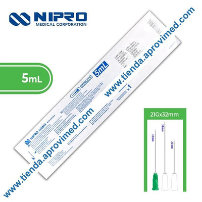 Jeringa hipodérmica desechable 5 ml con aguja verde de 21G