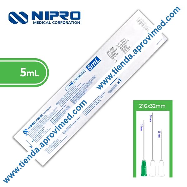 Jeringa hipodérmica desechable 5 ml con aguja verde de 21G