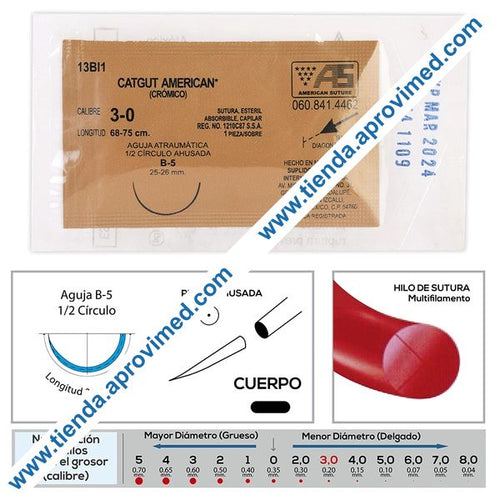 Sutura absorbible de catgut crómico — Calibre 3-0, aguja B-5