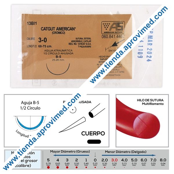 Sutura absorbible de catgut crómico — Calibre 3-0, aguja B-5