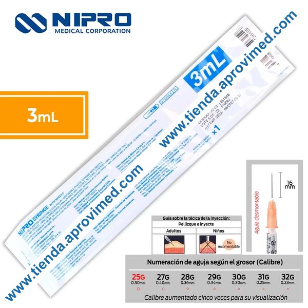 Jeringa hipodérmica de 3 ml con aguja de 25G — 1 pieza