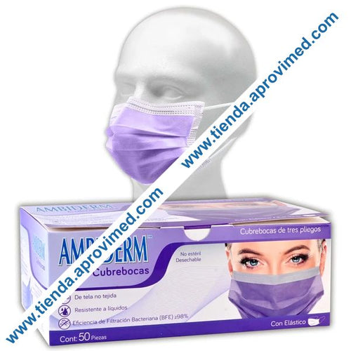 Cubrebocas quirúrgico plisado color violeta — Caja con 50 piezas