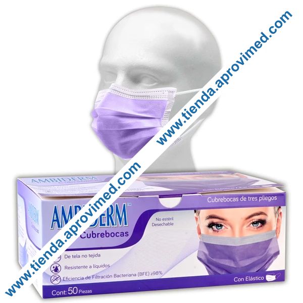 Cubrebocas quirúrgico plisado color violeta — Caja con 50 piezas
