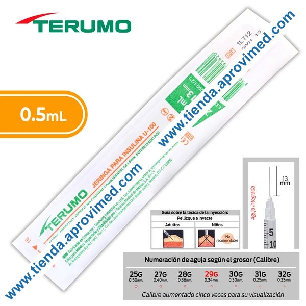 Jeringa de insulina 0.5 ml con aguja integrada 29G — 1 pieza