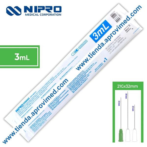 Jeringa hipodérmica de 3 ml con aguja verde de 21G — 1 pieza