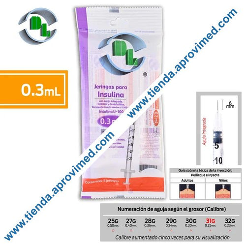 Jeringa de insulina 0.3 ml con aguja integrada 31G — Paquete 5 pzs