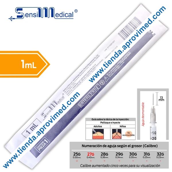 Jeringa desechable para insulina con aguja desmontable — 1 ml