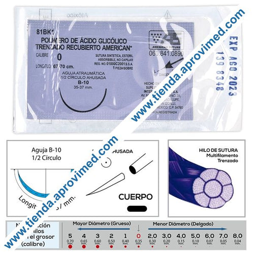 Sutura absorbible de ácido glicólico — Calibre 0, 67-70 cm