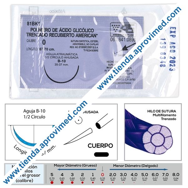 Sutura absorbible de ácido glicólico — Calibre 0, 67-70 cm