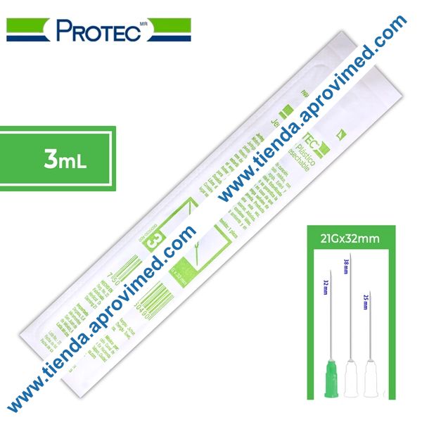 Jeringa hipodérmica desechable 3 ml con aguja verde 21G