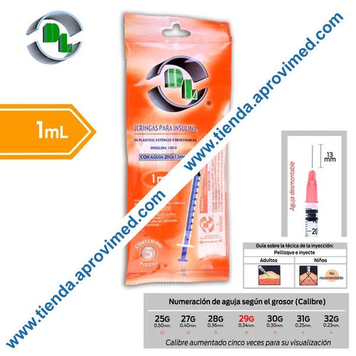Jeringa desechable para insulina 1 ml con aguja desmontable - Paquete 5 pzs
